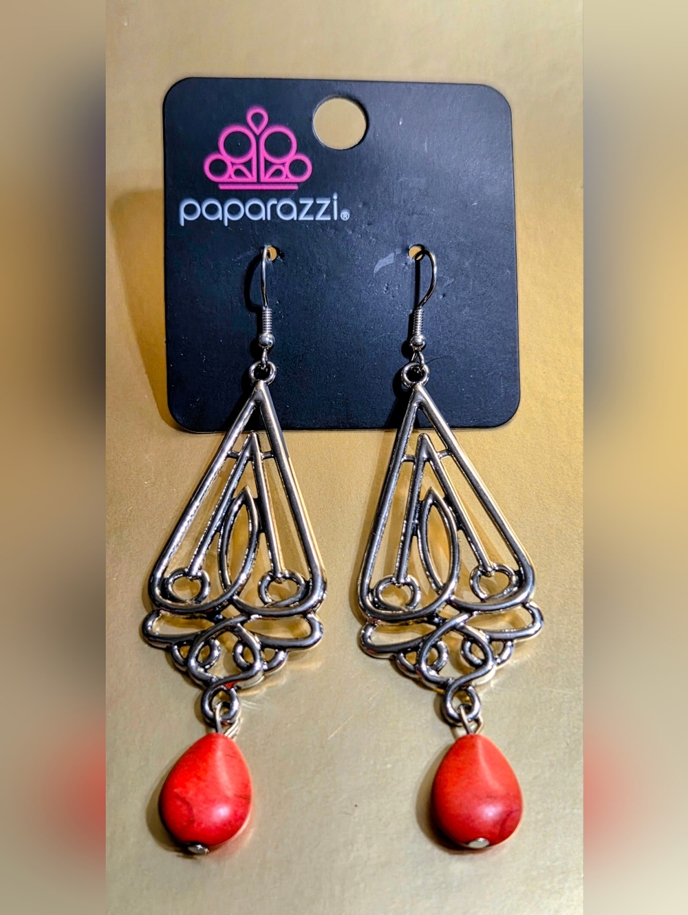 paparazzi Silver Filigree Drop Earrings with Red Teardrops